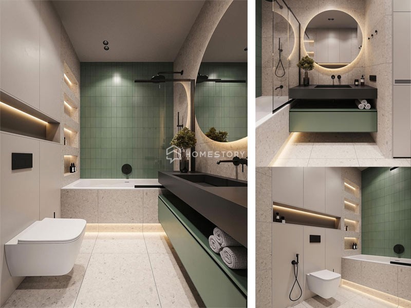 Mẫu Thiết Kế Nhà Tắm Diện Tích Nhỏ 4M2 Với Màu Xanh Phối Trắng Tạo Cảm Giác Mát, Dễ Chịu