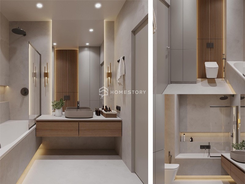 Phòng Tắm 4M2 Có Kết Hợp Bồn Tắm Nằm Với Gam Màu Xám Kết Hợp Gỗ Ấn Tượng