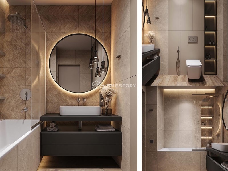 Sự Phối Hợp Giữa Đen, Ánh Kim, Xám Và Nâu Làm Nên Mẫu Thiết Kế Phòng Tắm Hiện Đại, Ấn Tượng