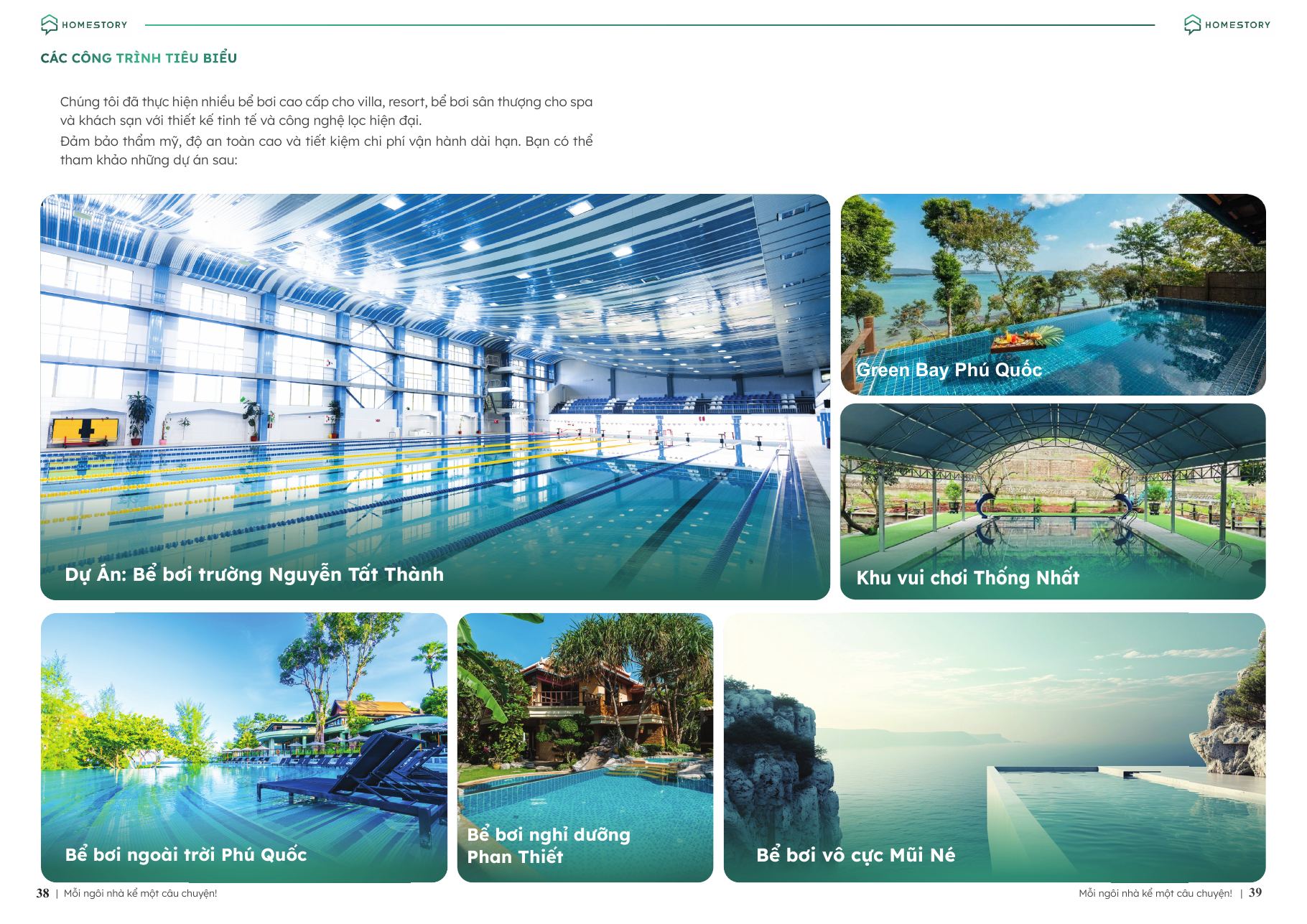 Công trình tiêu biểu HomeStory – bể bơi, spa, phòng xông hơi (trang 38–39)