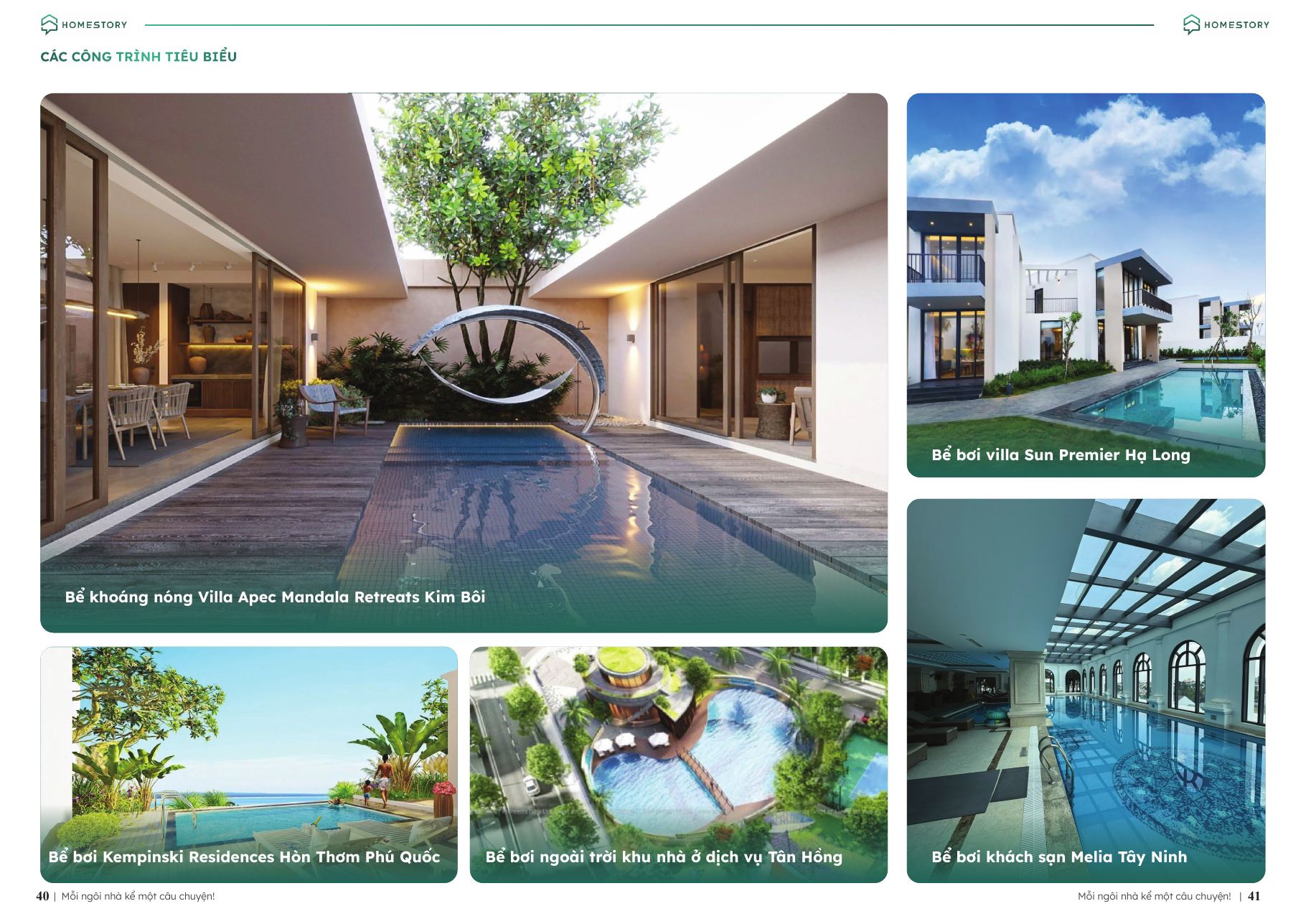 Công trình tiêu biểu HomeStory – bể bơi, spa, phòng xông hơi (trang 40–41)