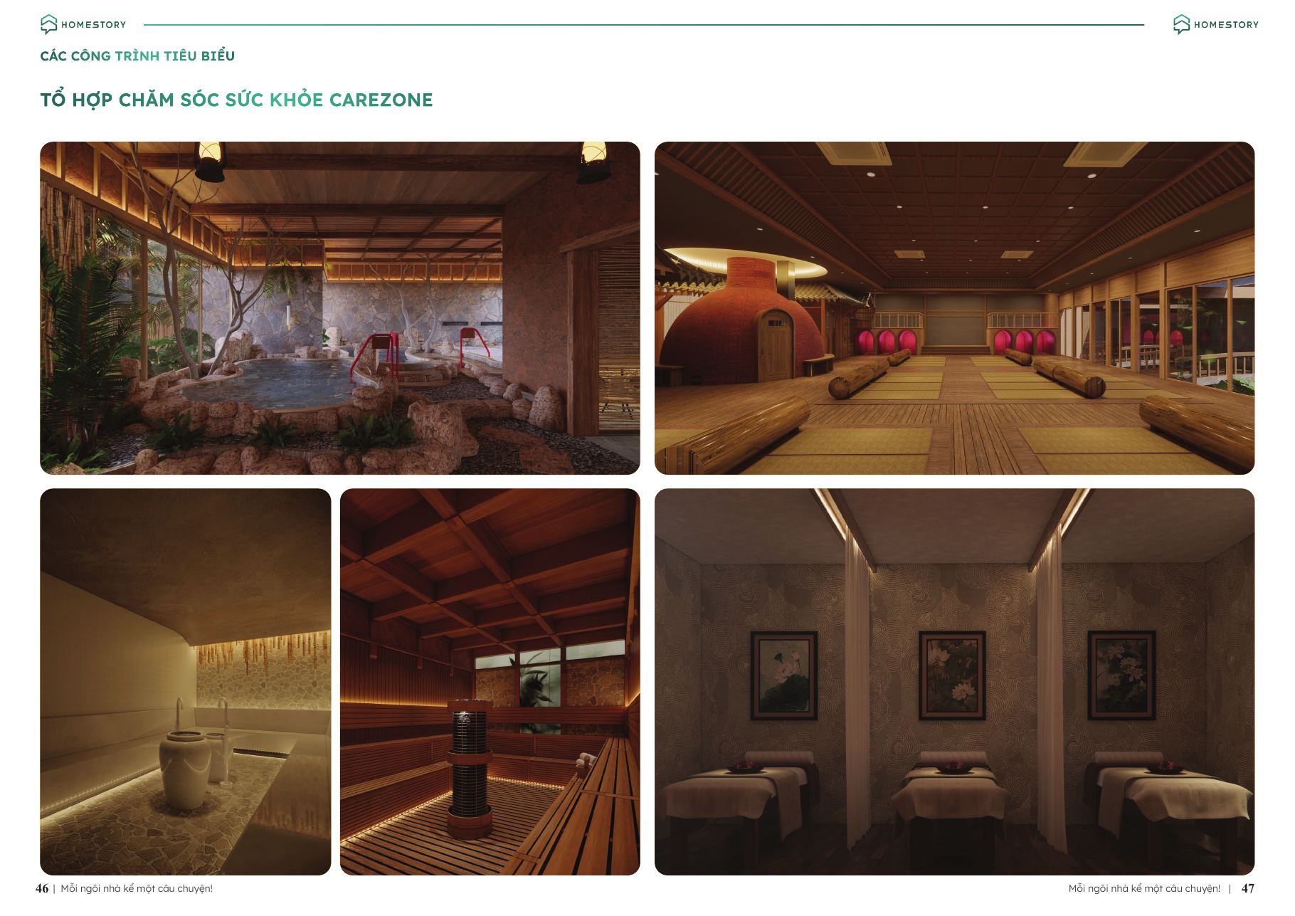 Công trình tiêu biểu HomeStory – bể bơi, spa, phòng xông hơi (trang 46–47)