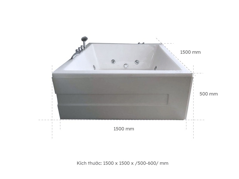 Kích Thước Bồn Tắm Nằm Đôi Massage Acrylic Việt Mỹ V.1515 Vuông Góc
