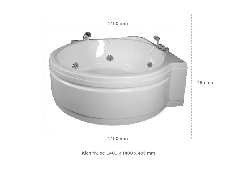 Bồn Tắm Nằm Đơn Massage Acrylic Việt Mỹ 14RC Tròn Góc 2 Kích thước bồn tắm nằm đơn massage acrylic việt mỹ 14rc tròn góc