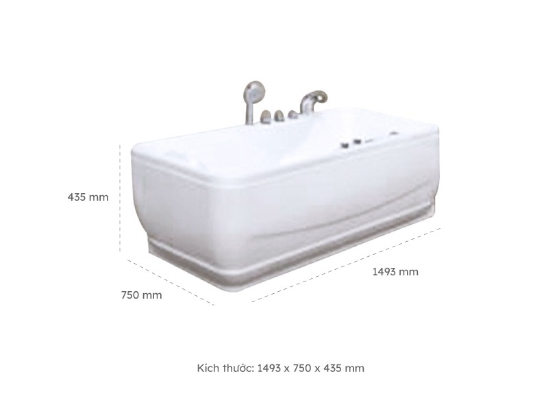 Kích Thước Bồn Tắm Nằm Đơn Massage Acrylic Việt Mỹ 1575 Chữ Nhật Góc