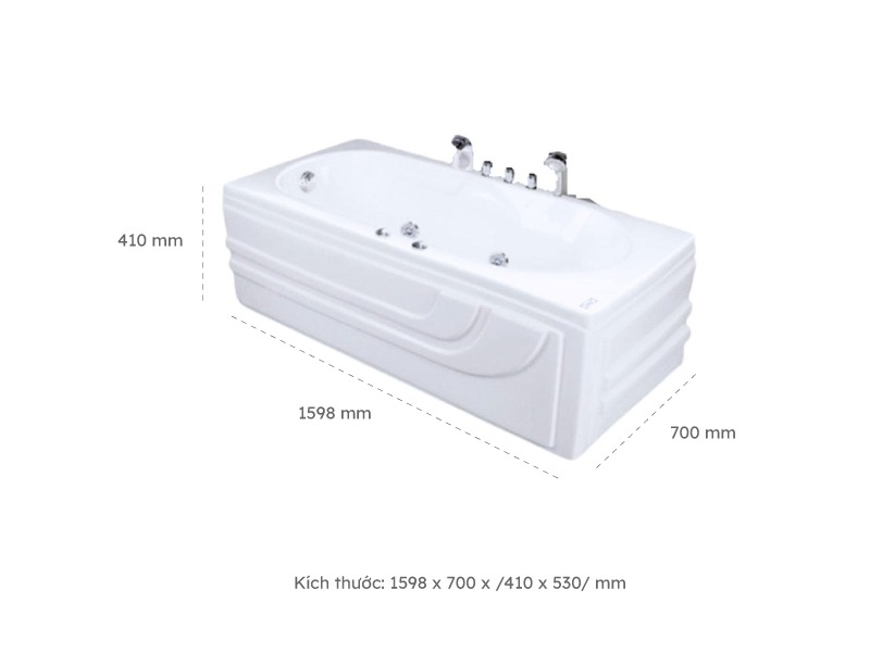 Kích Thước Bồn Tắm Nằm Đơn Massage Acrylic Việt Mỹ 16.70 Chữ Nhật Góc