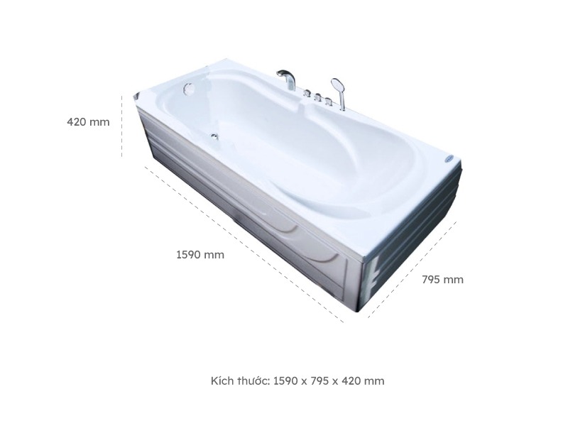 Kích Thước Bồn Tắm Nằm Đơn Massage Acrylic Việt Mỹ 16A Chữ Nhật Góc