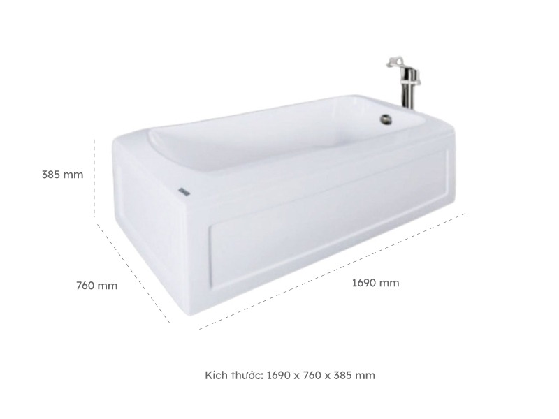 Kích Thước Bồn Tắm Nằm Đơn Massage Acrylic Việt Mỹ 17A Chữ Nhật Góc