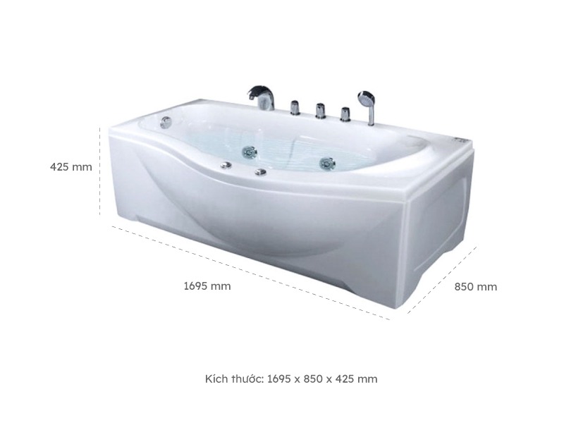 Kích Thước Bồn Tắm Nằm Đơn Massage Acrylic Việt Mỹ 17B Chữ Nhật Góc