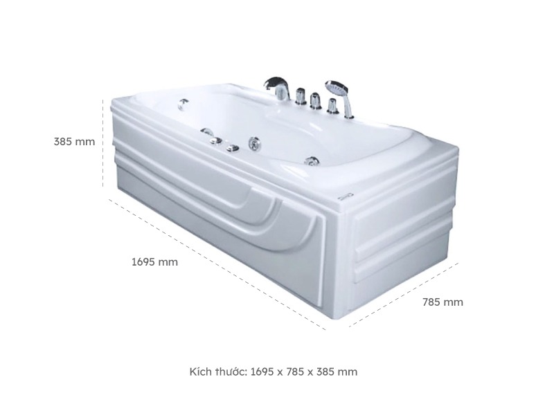 Kích Thước Bồn Tắm Nằm Đơn Massage Acrylic Việt Mỹ 17E Chữ Nhật Góc