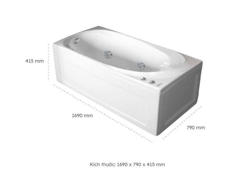 Kích Thước Bồn Tắm Nằm Đơn Massage Acrylic Việt Mỹ 17Kt Chữ Nhật Góc