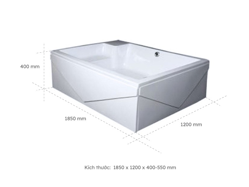 Kích Thước Bồn Tắm Nằm Đơn Massage Acrylic Việt Mỹ 612Q Chữ Nhật Góc