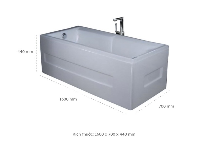 Kích Thước Bồn Tắm Nằm Đơn Massage Acrylic Việt Mỹ V.1670 Chữ Nhật Góc