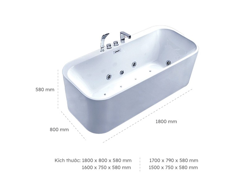 Kích Thước Bồn Tắm Nằm Đơn Massage Acrylic Rudylux Rd-89089 Chữ Nhật Góc