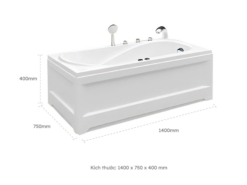 Kích Thước Bồn Tắm Nằm Đơn Massage Acrylic Euroca Eu1-1475 Chữ Nhật Góc