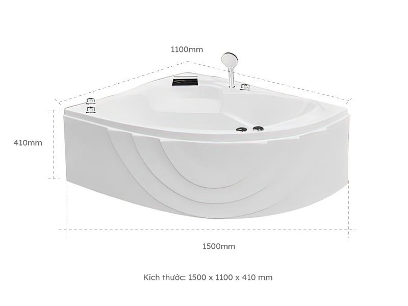 Kích Thước Bồn Tắm Nằm Đơn Massage Acrylic Euroca Eu1-1511 Tam Giác Góc