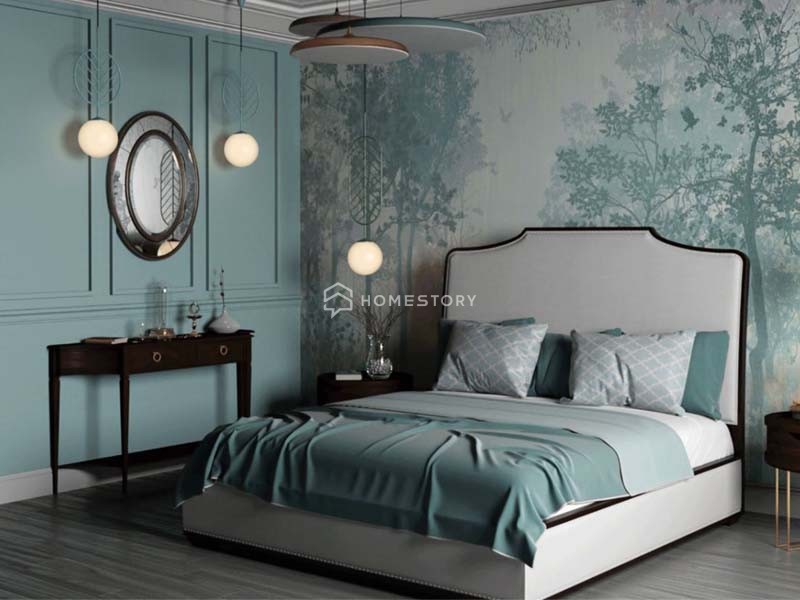 Tiếp nối màu xanh Cambridge với mẫu phòng ngủ phong cách Indochine Á Đông
