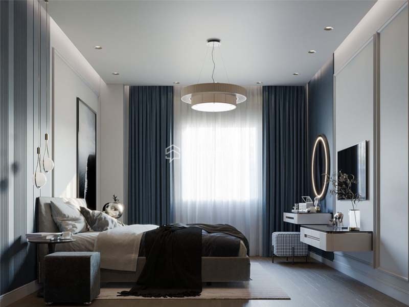 Sử dụng rèm cửa màu xanh giúp làm nổi bật tông màu xanh dương chủ đạo của phòng ngủ